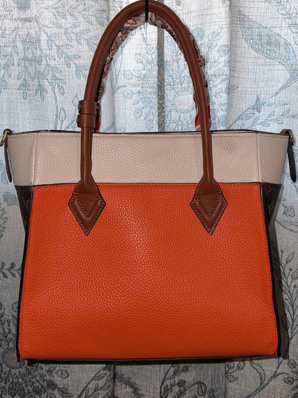 Orange and Cream Leather Tote with Monogram Side Panels - Picture 7 of 10